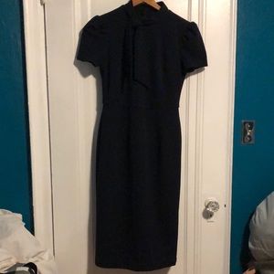 Structured navy crepe sheath dress with tie